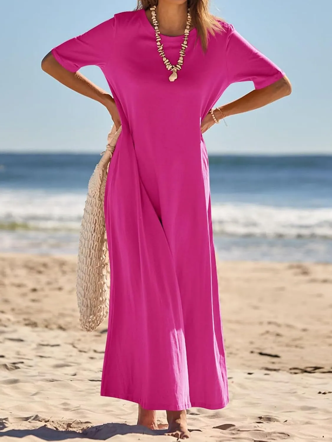 T Shirt Dresses for Women 2025 Summer Casual Maxi Dress Short Sleeve Crewneck Long Dresses Loose Sundress with Pockets