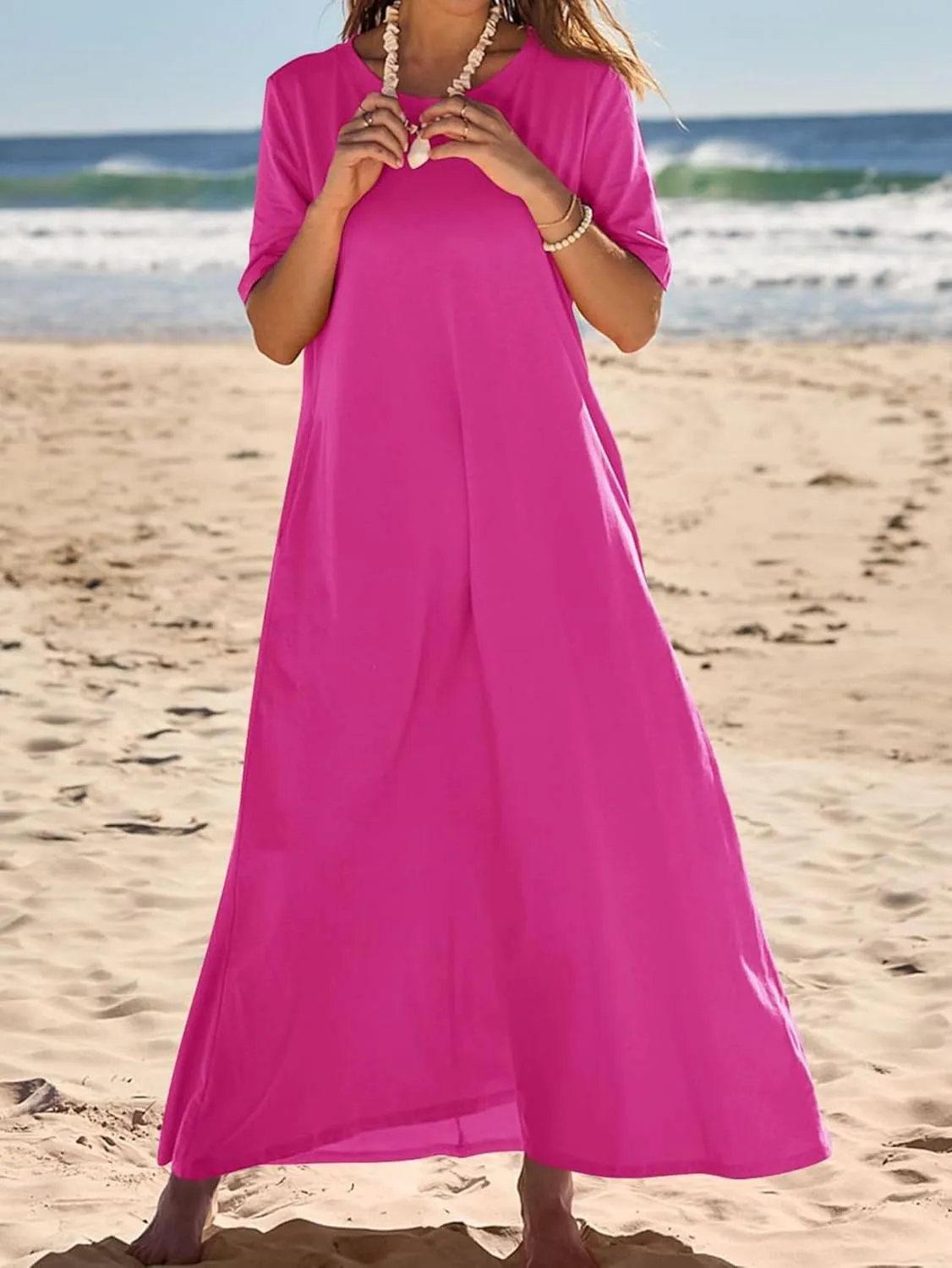 T Shirt Dresses for Women 2025 Summer Casual Maxi Dress Short Sleeve Crewneck Long Dresses Loose Sundress with Pockets