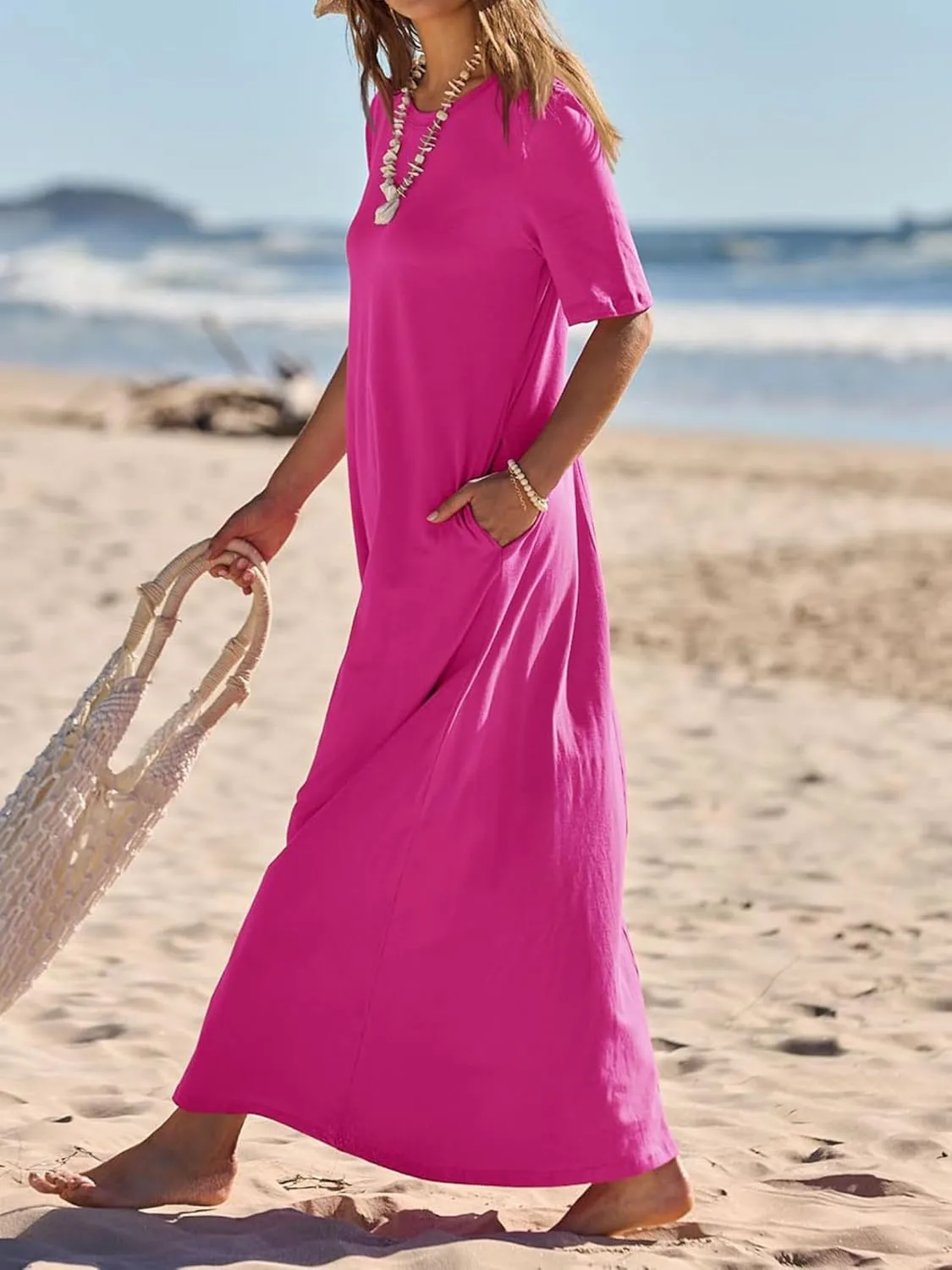T Shirt Dresses for Women 2025 Summer Casual Maxi Dress Short Sleeve Crewneck Long Dresses Loose Sundress with Pockets