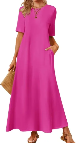 T Shirt Dresses for Women 2025 Summer Casual Maxi Dress Short Sleeve Crewneck Long Dresses Loose Sundress with Pockets