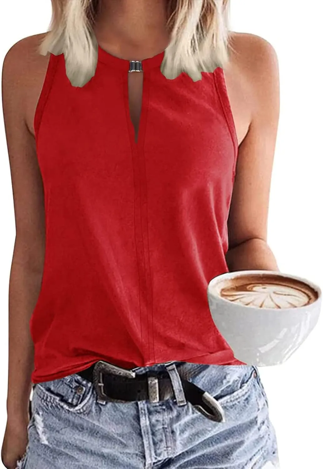 Tank Top for Women Keyhole V Neck Sleeveless Tank Tops Casual Loose Fit Summer Tee Shirts Business Work Shirt Blouses