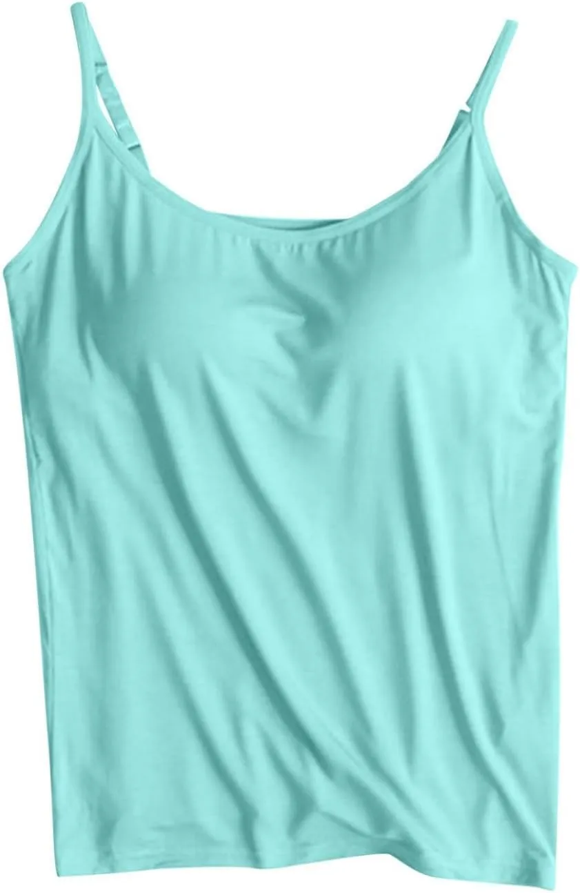Tank Top for Women with Built in Bra Spaghetti Strap Tank Top Cute Summer Sleeveless Shirts Casual Solid Color Shirts