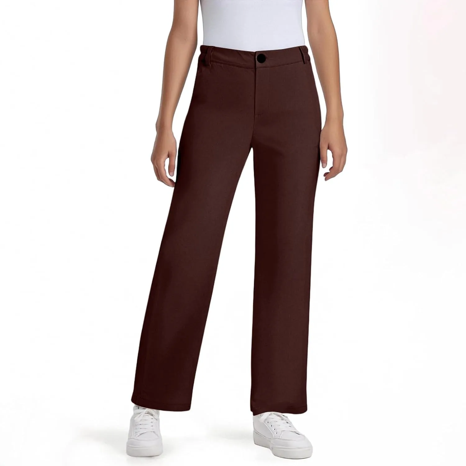 Teen Girls Straight-Fit Chino Pants Casual Stretch Flat-Front Dress Pants Elastic Waist Trousers with Pockets