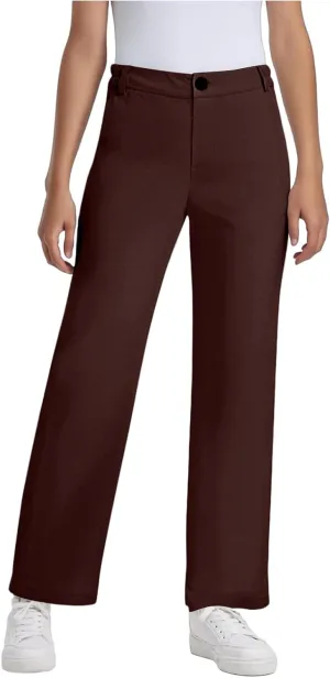 Teen Girls Straight-Fit Chino Pants Casual Stretch Flat-Front Dress Pants Elastic Waist Trousers with Pockets