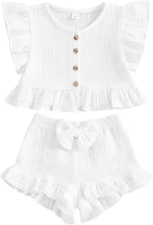 Toddler Baby Girl Solid Color Fly Sleeve Button Ruffle Tops Bow Shorts Bubble Two Piece Summer Outfit Clothes Set