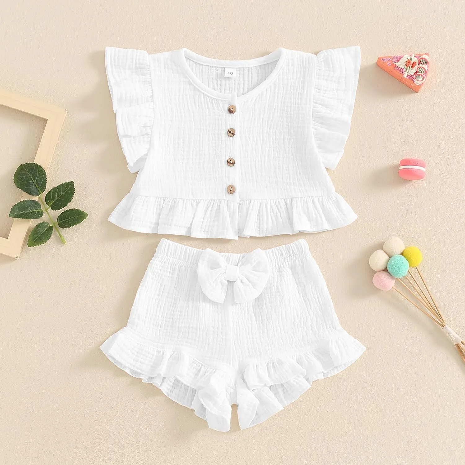 Toddler Baby Girl Solid Color Fly Sleeve Button Ruffle Tops Bow Shorts Bubble Two Piece Summer Outfit Clothes Set