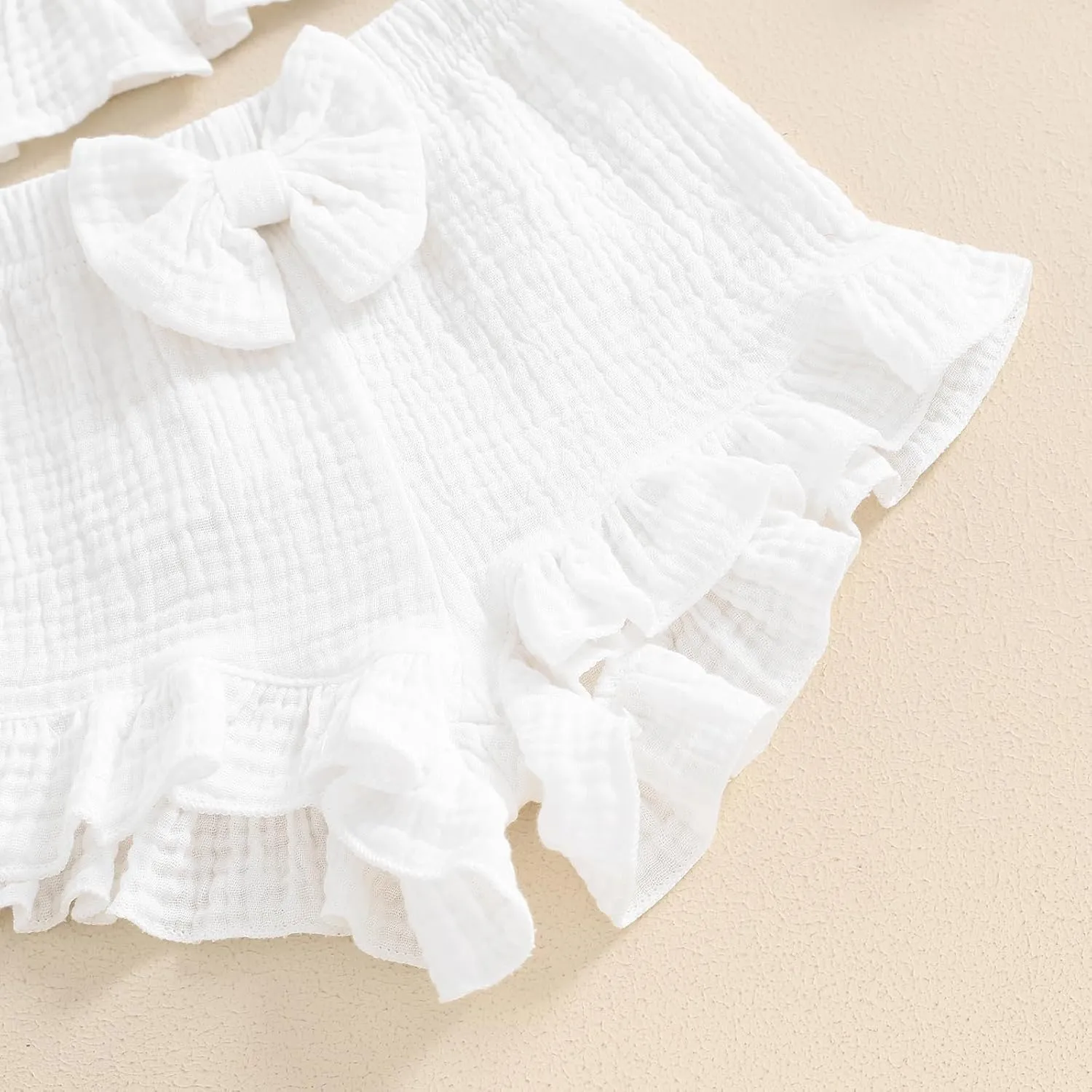 Toddler Baby Girl Solid Color Fly Sleeve Button Ruffle Tops Bow Shorts Bubble Two Piece Summer Outfit Clothes Set
