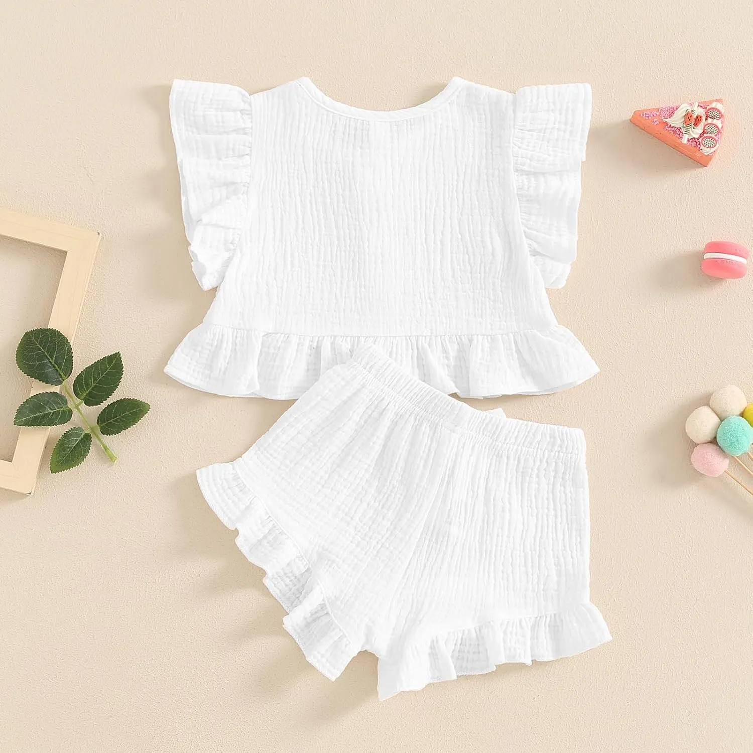 Toddler Baby Girl Solid Color Fly Sleeve Button Ruffle Tops Bow Shorts Bubble Two Piece Summer Outfit Clothes Set