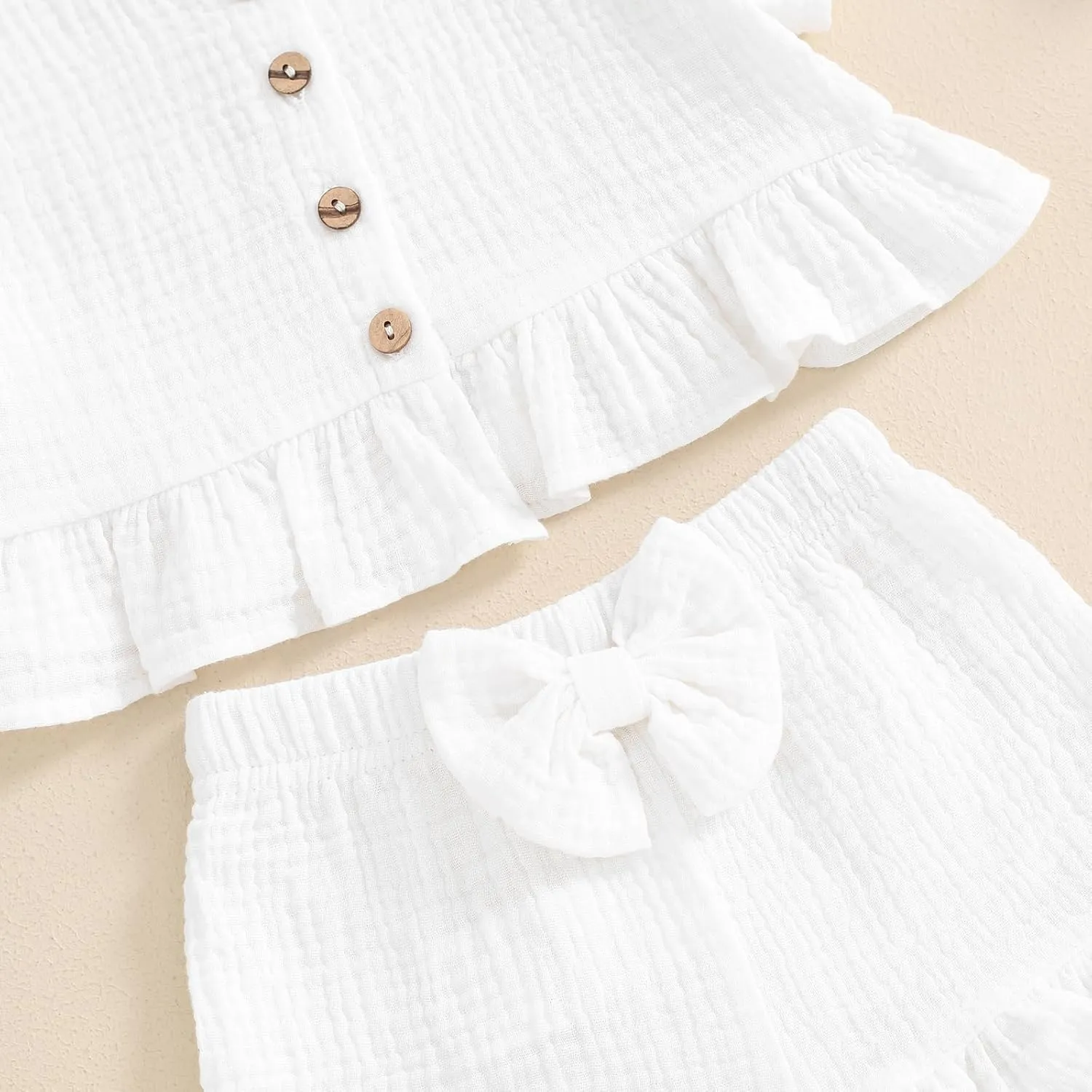 Toddler Baby Girl Solid Color Fly Sleeve Button Ruffle Tops Bow Shorts Bubble Two Piece Summer Outfit Clothes Set