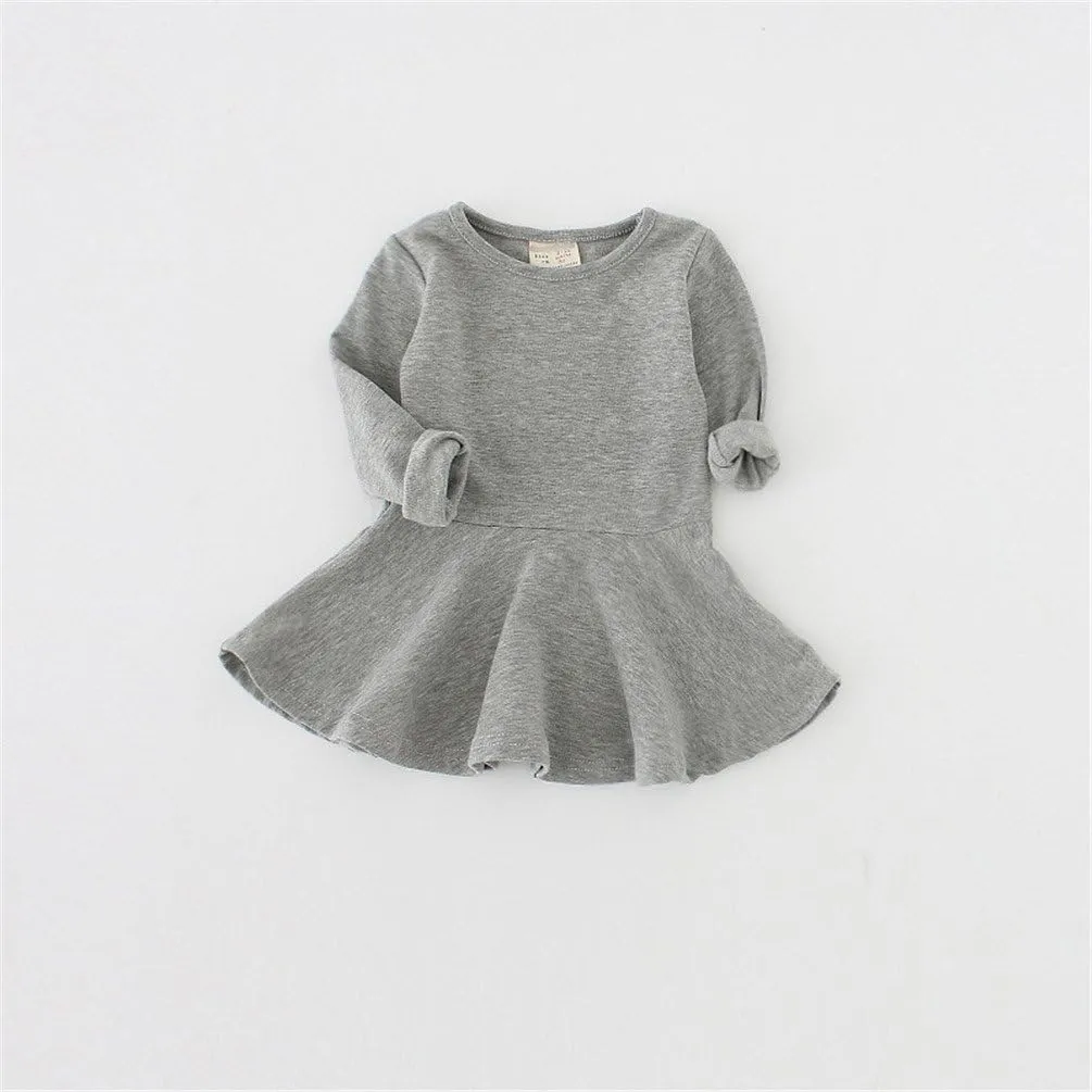 Toddler Baby Girls Long Sleeve Cotton Dress Solid Ruffle Tops