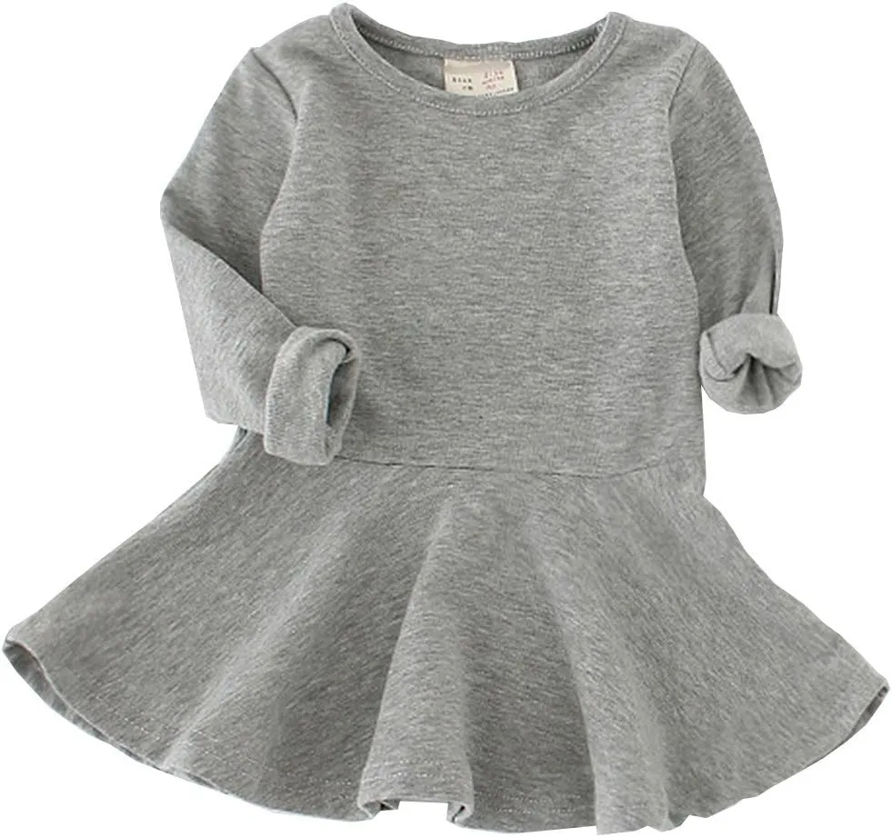 Toddler Baby Girls Long Sleeve Cotton Dress Solid Ruffle Tops