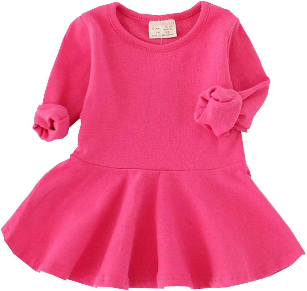 Toddler Baby Girls Long Sleeve Cotton Dress Solid Ruffle Tops