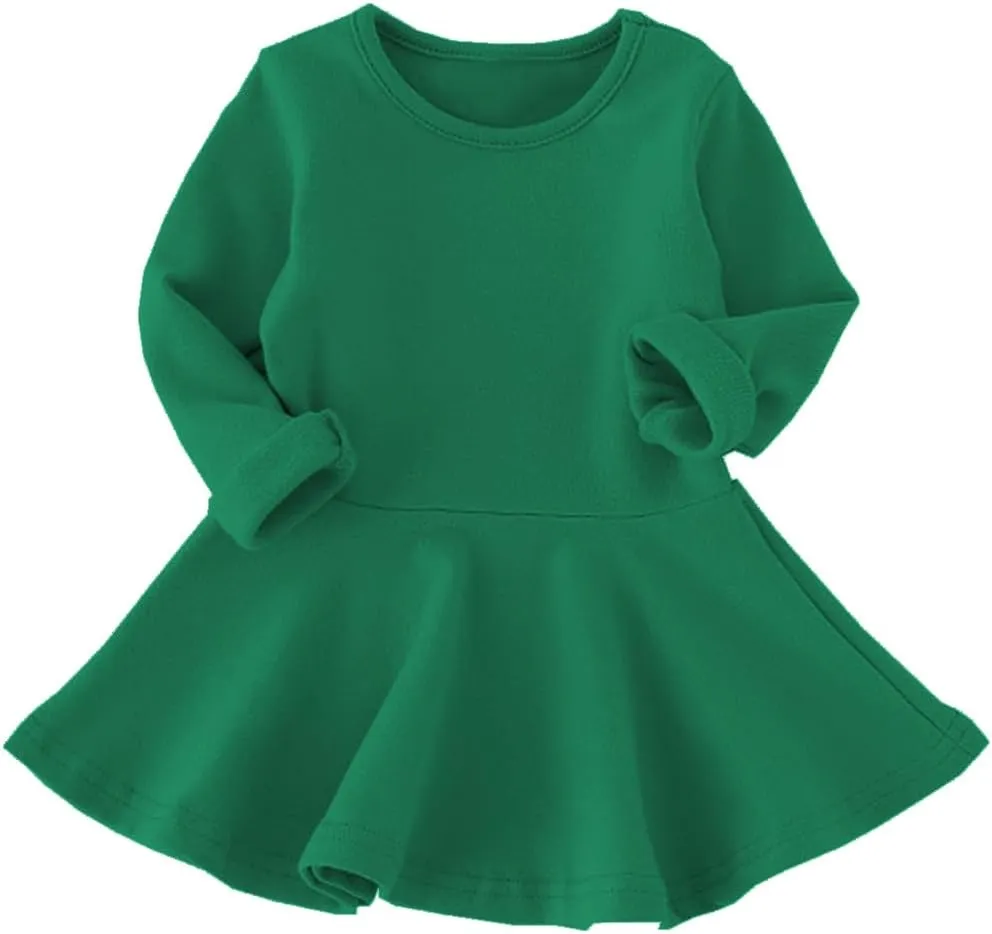 Toddler Baby Girls Long Sleeve Cotton Dress Solid Ruffle Tops