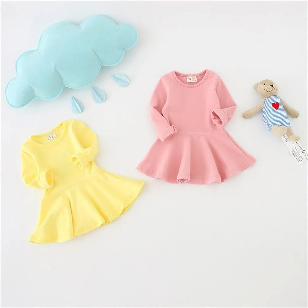 Toddler Baby Girls Long Sleeve Cotton Dress Solid Ruffle Tops