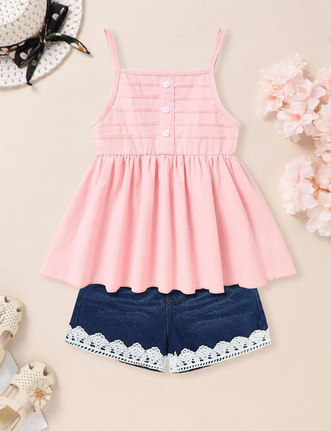 Toddler Girls Clothes Sleeveless Camisole Ruffle Tops and Jean Short Sets 1-7T Girl Clothes