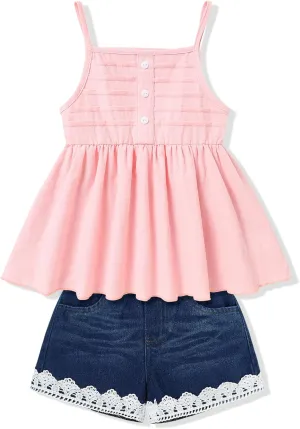 Toddler Girls Clothes Sleeveless Camisole Ruffle Tops and Jean Short Sets 1-7T Girl Clothes