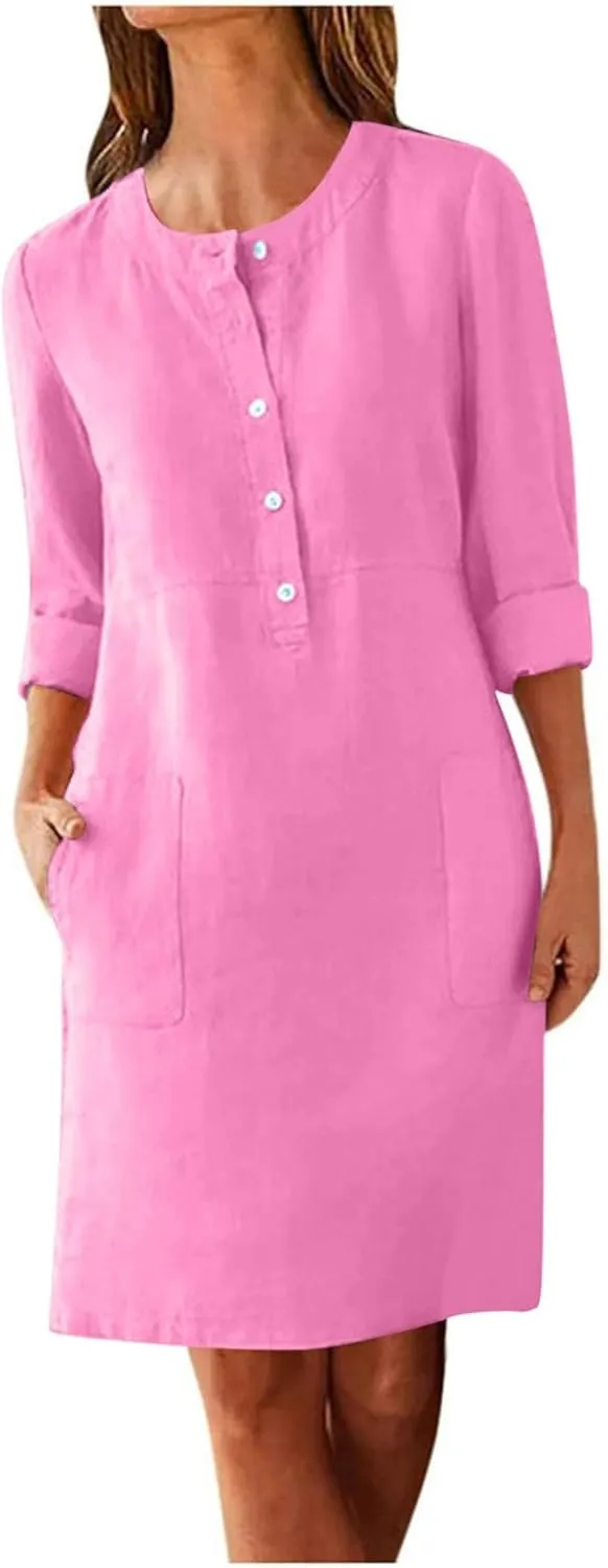 Tshirt Dress Women Half Button Down Linen Shirt Dresses with Pockets Round Neck 2025 Oversized Midi Shift Dress