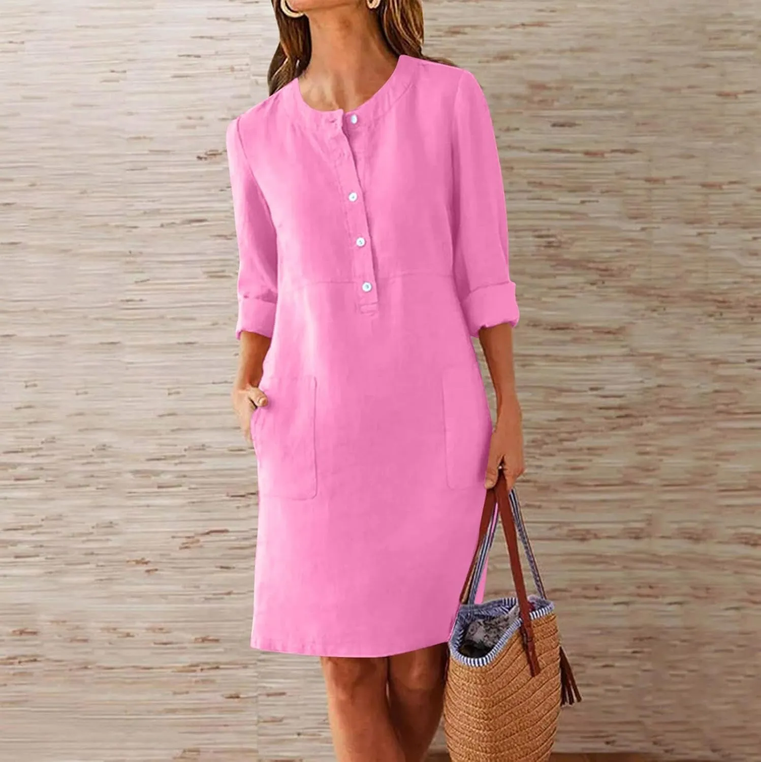 Tshirt Dress Women Half Button Down Linen Shirt Dresses with Pockets Round Neck 2025 Oversized Midi Shift Dress