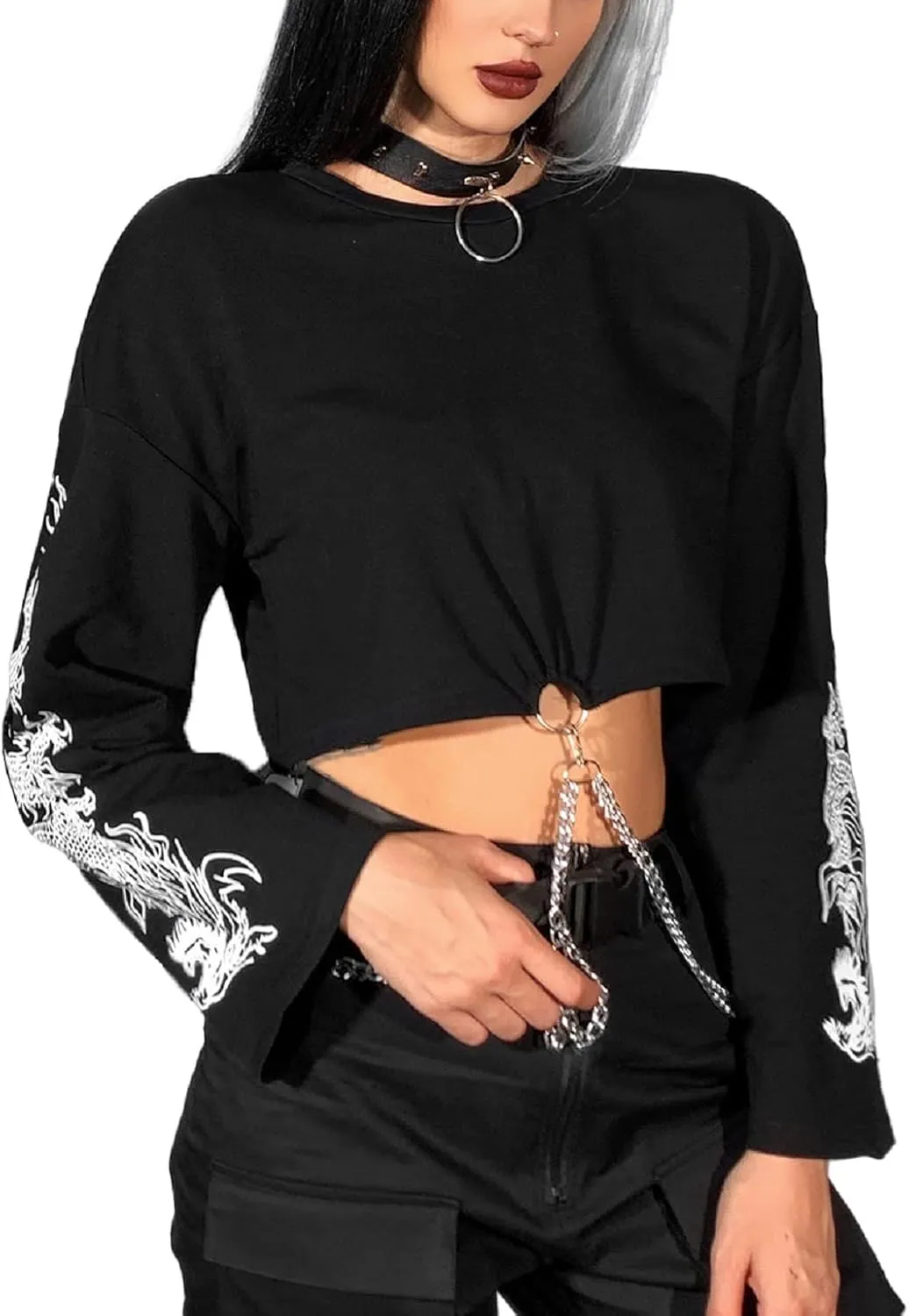 TSMNZMU Womens Gothic Crop Tops Punk Dragon Print Shirt Long Sleeve Crewneck Grunge Alt Emo Tops with Iron Chain