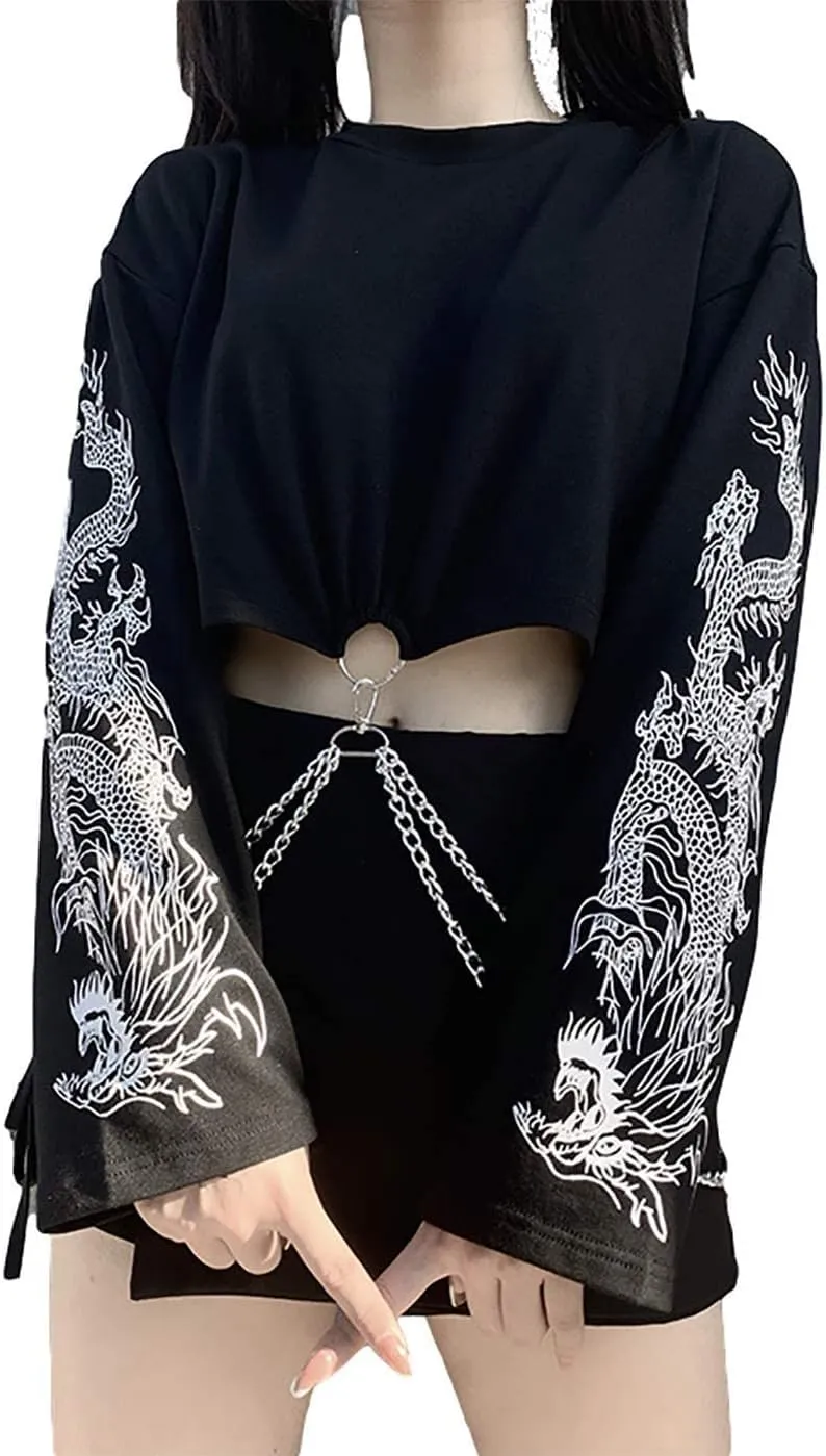 TSMNZMU Womens Gothic Crop Tops Punk Dragon Print Shirt Long Sleeve Crewneck Grunge Alt Emo Tops with Iron Chain