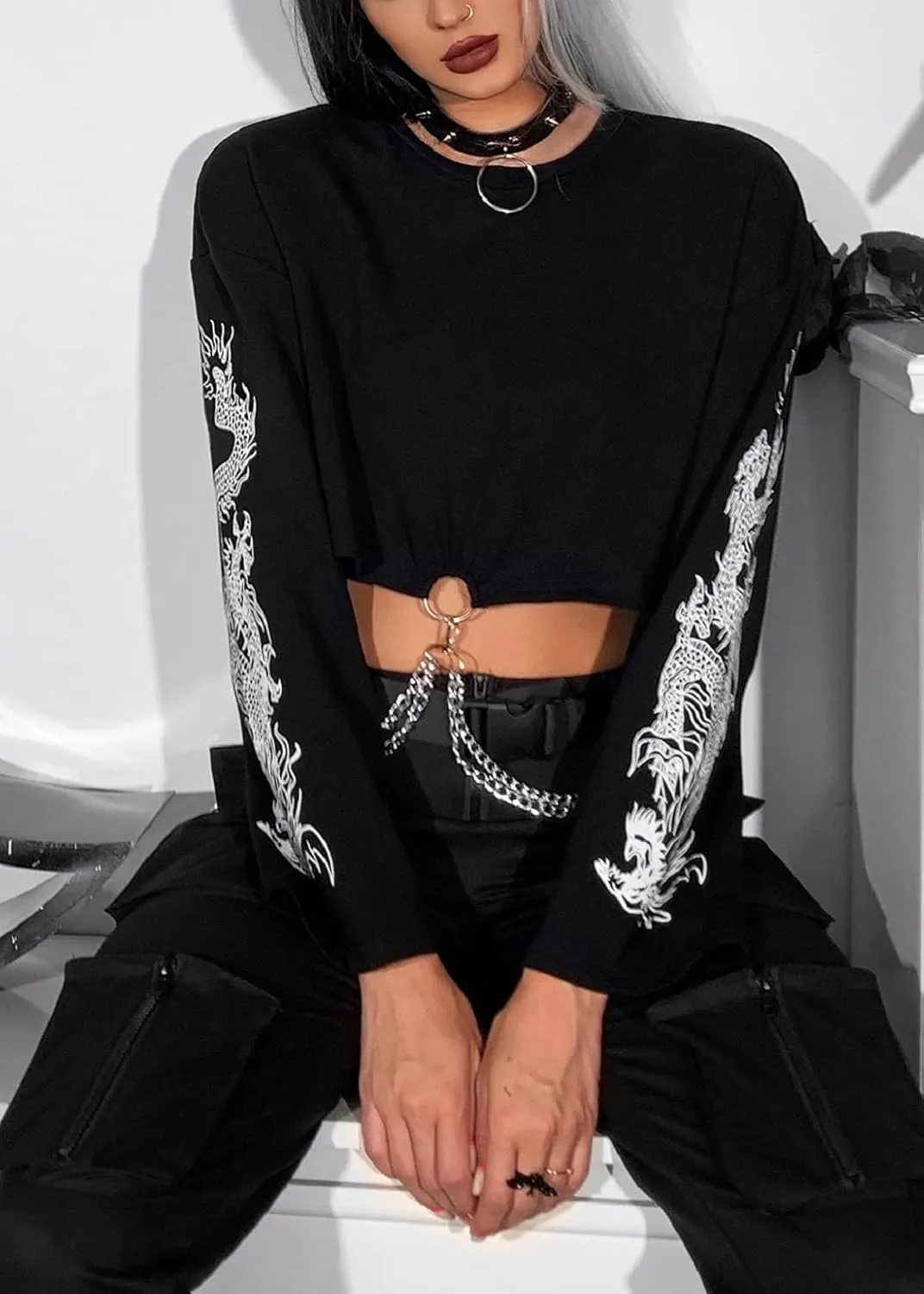 TSMNZMU Womens Gothic Crop Tops Punk Dragon Print Shirt Long Sleeve Crewneck Grunge Alt Emo Tops with Iron Chain