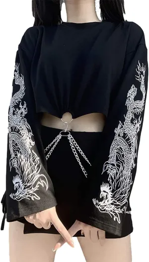 TSMNZMU Womens Gothic Crop Tops Punk Dragon Print Shirt Long Sleeve Crewneck Grunge Alt Emo Tops with Iron Chain