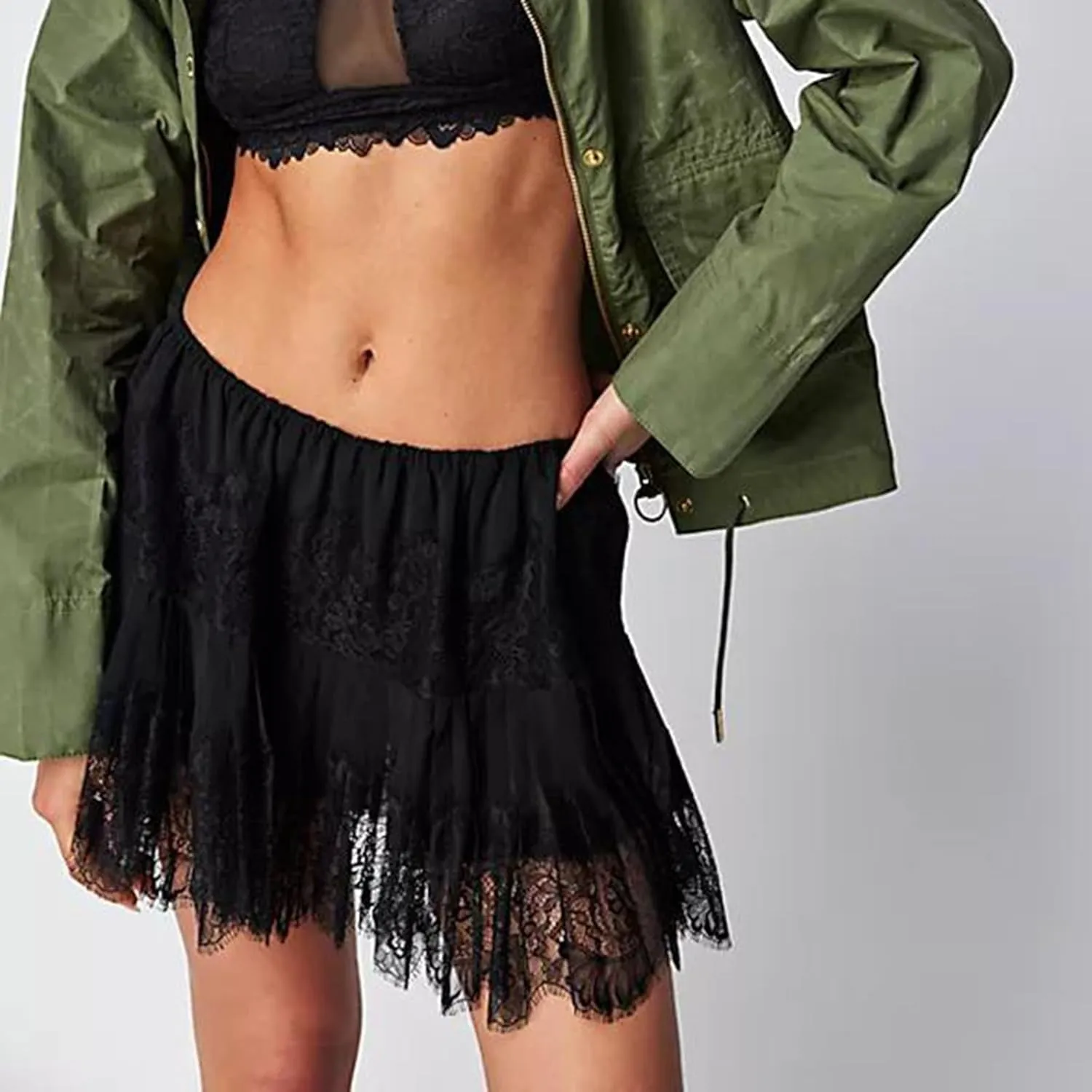 UAURORAO Women Pleated Ruffle Lace Mini Skirt Y2k Patchwork Half Slips Short Skirts Low Rise Floral Mesh Underskirt