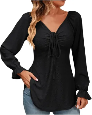 Uillui Light Long Sleeve Tops for Women Pleated Front Lace-Up Vneck Tunic Shirt Dressy Casual Slim Fit Asymmetric Hem Blouse