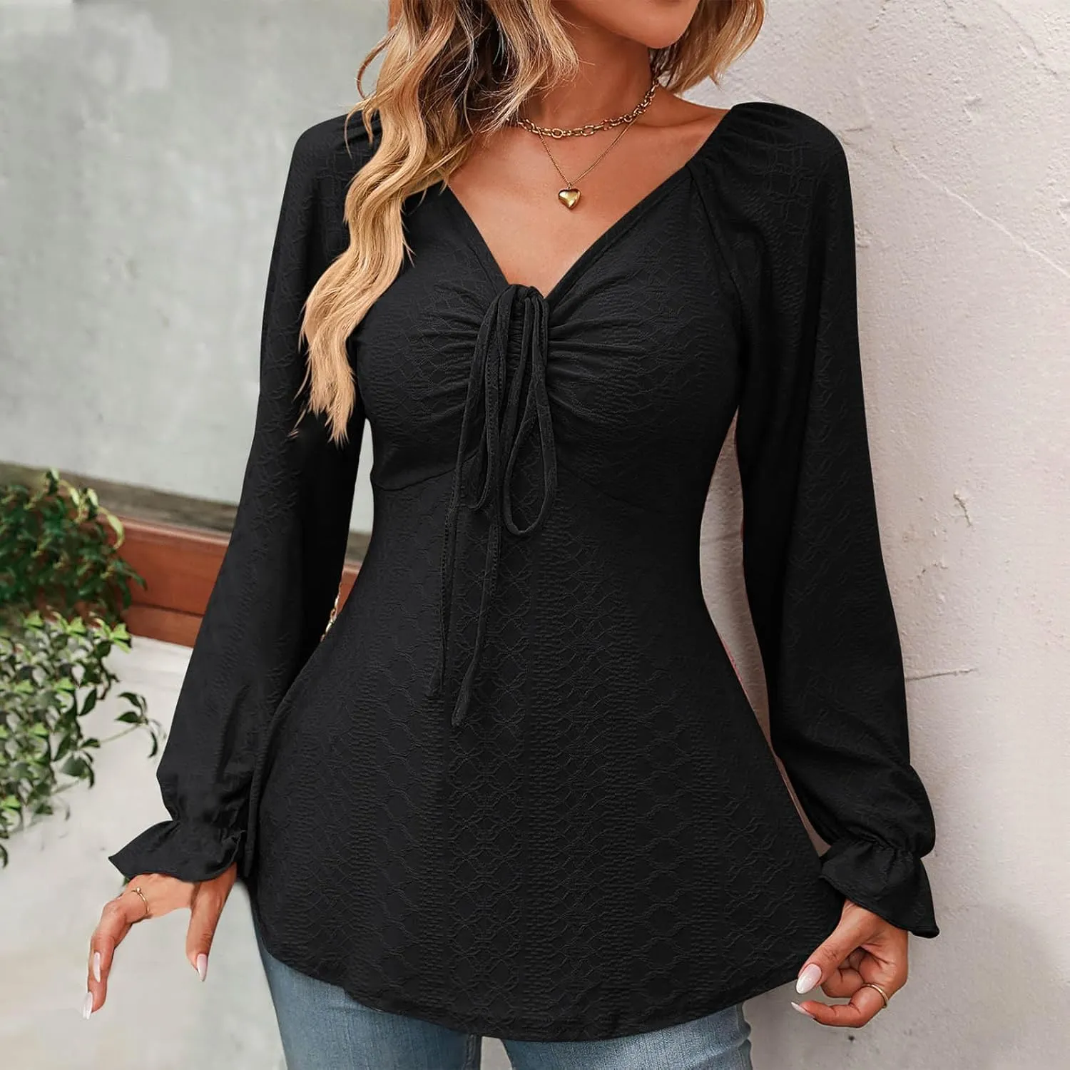 Uillui Light Long Sleeve Tops for Women Pleated Front Lace-Up Vneck Tunic Shirt Dressy Casual Slim Fit Asymmetric Hem Blouse