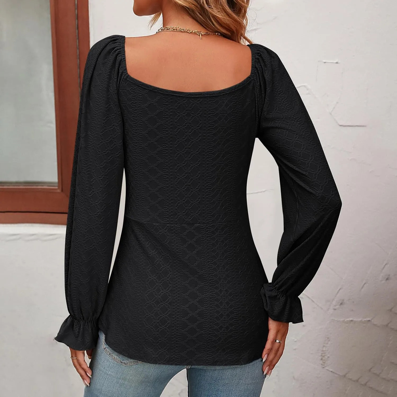 Uillui Light Long Sleeve Tops for Women Pleated Front Lace-Up Vneck Tunic Shirt Dressy Casual Slim Fit Asymmetric Hem Blouse