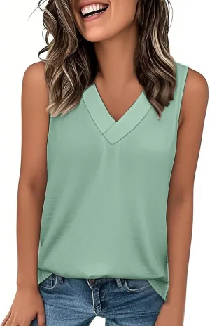 V Neck Tank Top Women Casual Sleeveless Loose Flowy Basic Dressy Casual Summer T-Shirt
