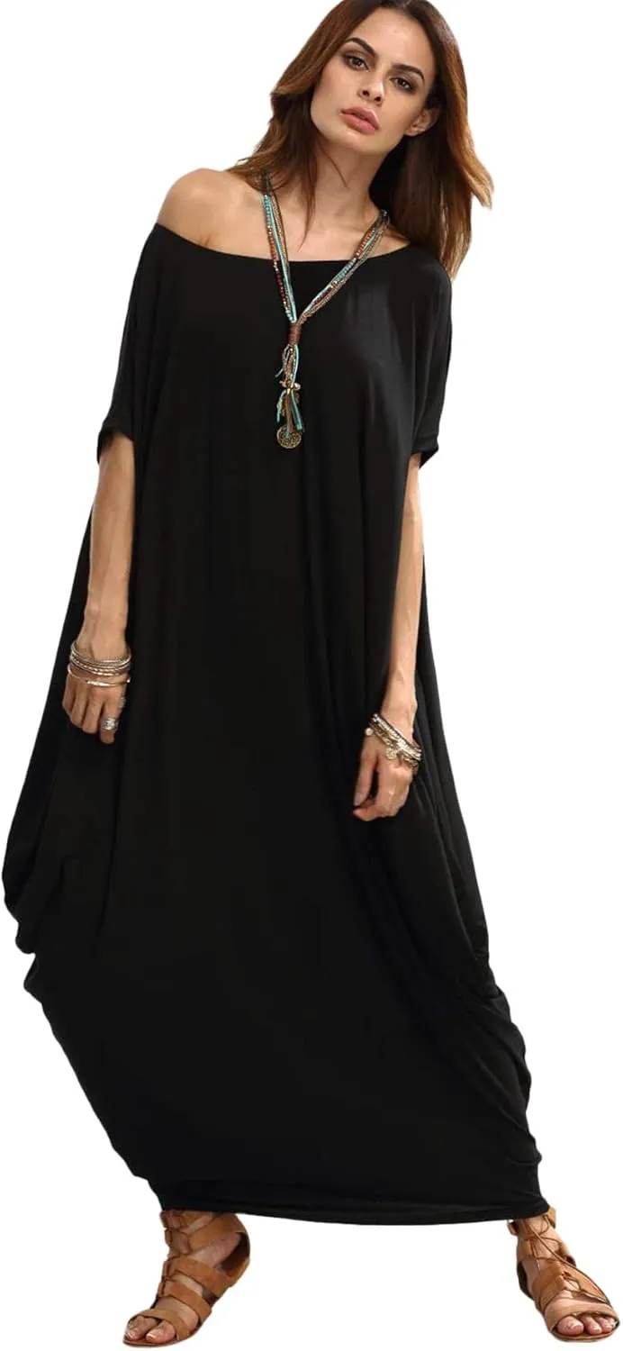 Verdusa Women's Boat Neck Dolman Sleeve Caftan Harem Oversized Maxi Dress