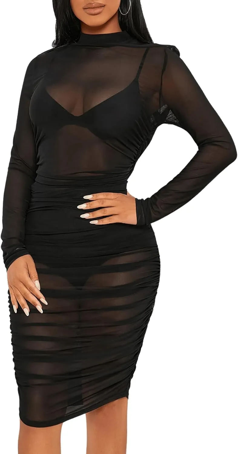 Verdusa Women's Bodycon Dress Long Sleeve Mock Neck Mesh Sheer Mini Dress