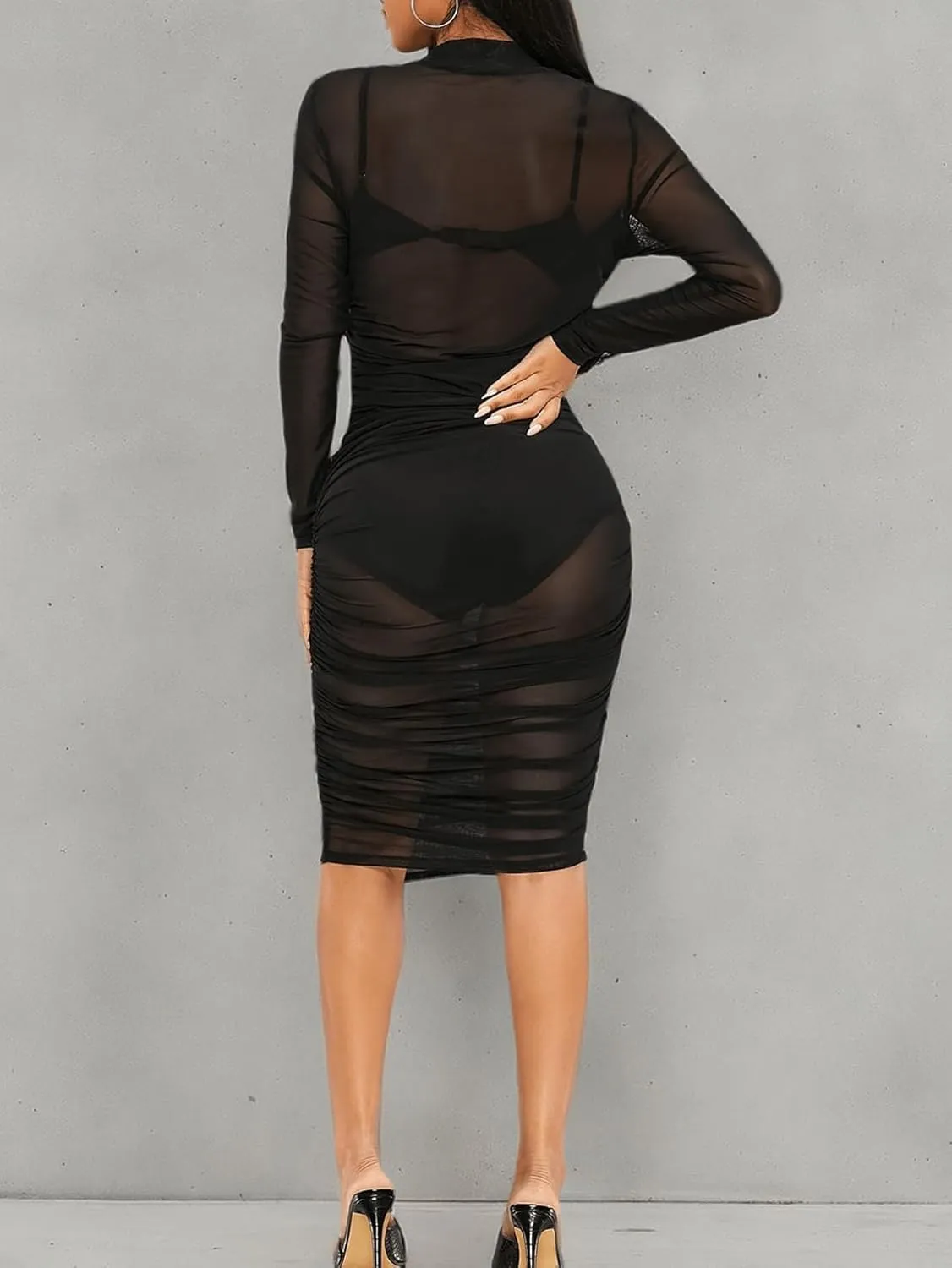 Verdusa Women's Bodycon Dress Long Sleeve Mock Neck Mesh Sheer Mini Dress