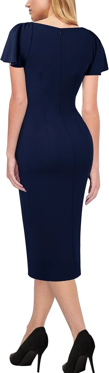 VFSHOW Womens V Neck Cocktail Ruffle Sleeve Wrap Slit Ruched Party Midi Dress Bodycon Work Business Sheath Pencil Dress