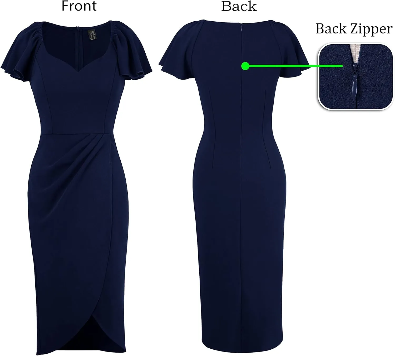 VFSHOW Womens V Neck Cocktail Ruffle Sleeve Wrap Slit Ruched Party Midi Dress Bodycon Work Business Sheath Pencil Dress