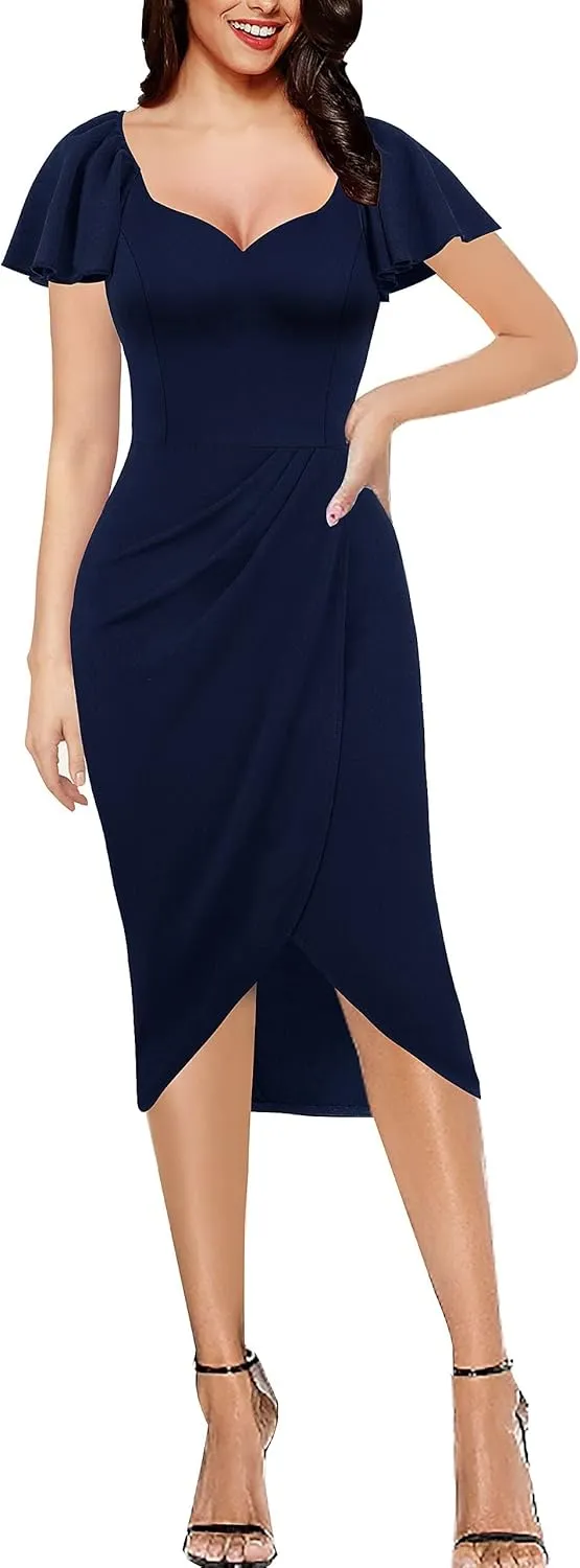 VFSHOW Womens V Neck Cocktail Ruffle Sleeve Wrap Slit Ruched Party Midi Dress Bodycon Work Business Sheath Pencil Dress