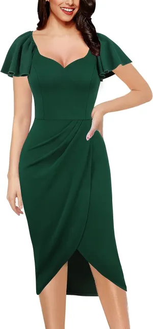 VFSHOW Womens V Neck Cocktail Ruffle Sleeve Wrap Slit Ruched Party Midi Dress Bodycon Work Business Sheath Pencil Dress