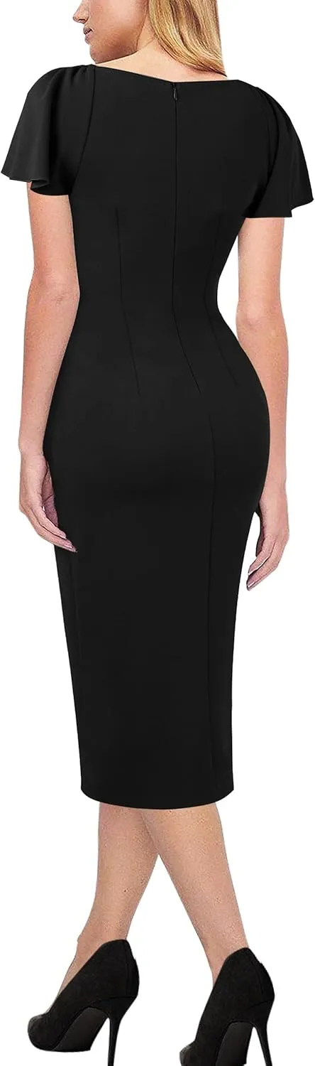 VFSHOW Womens V Neck Cocktail Ruffle Sleeve Wrap Slit Ruched Party Midi Dress Bodycon Work Business Sheath Pencil Dress