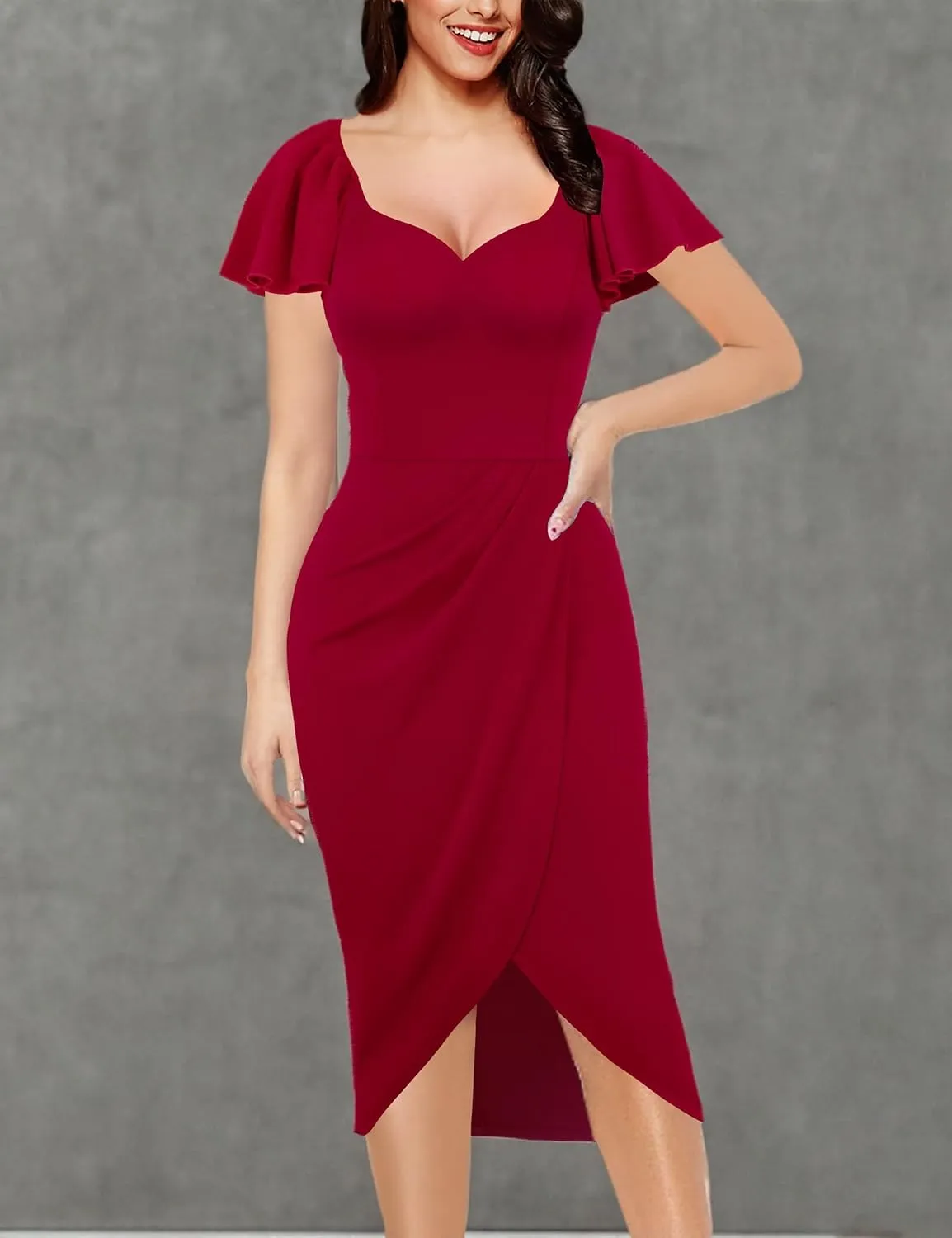 VFSHOW Womens V Neck Cocktail Ruffle Sleeve Wrap Slit Ruched Party Midi Dress Bodycon Work Business Sheath Pencil Dress