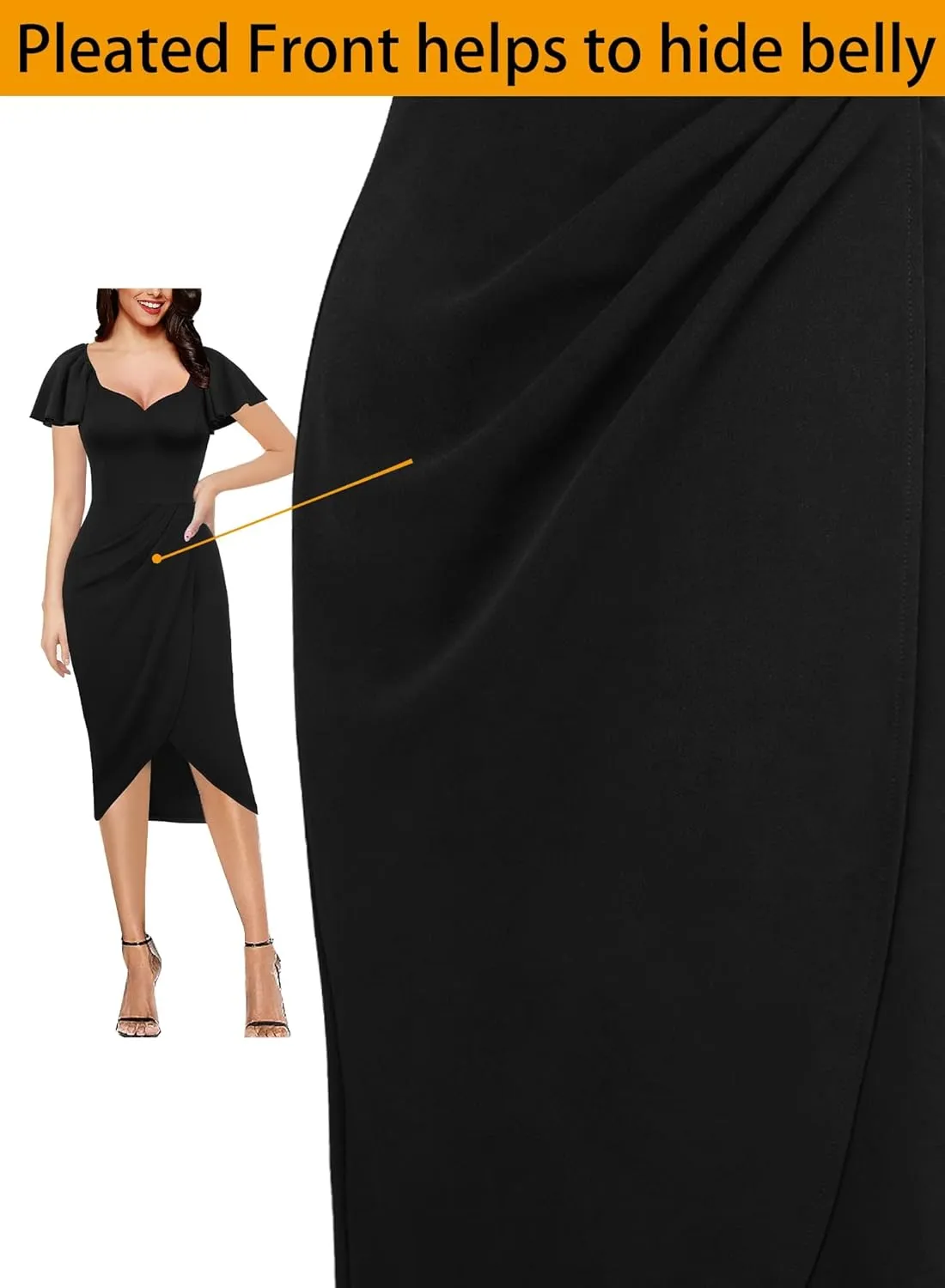 VFSHOW Womens V Neck Cocktail Ruffle Sleeve Wrap Slit Ruched Party Midi Dress Bodycon Work Business Sheath Pencil Dress