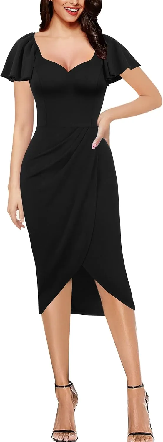 VFSHOW Womens V Neck Cocktail Ruffle Sleeve Wrap Slit Ruched Party Midi Dress Bodycon Work Business Sheath Pencil Dress