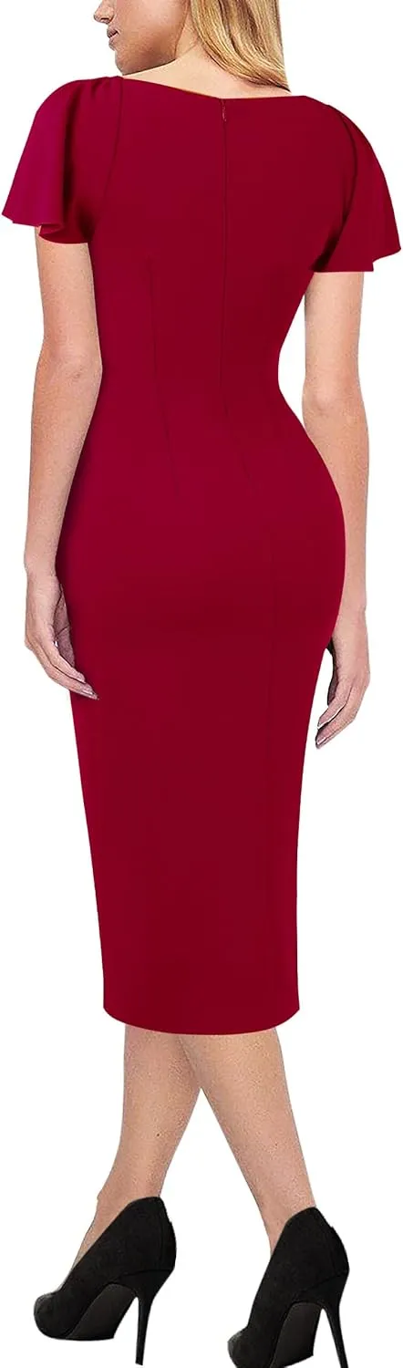 VFSHOW Womens V Neck Cocktail Ruffle Sleeve Wrap Slit Ruched Party Midi Dress Bodycon Work Business Sheath Pencil Dress