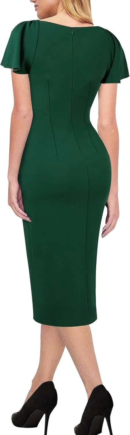 VFSHOW Womens V Neck Cocktail Ruffle Sleeve Wrap Slit Ruched Party Midi Dress Bodycon Work Business Sheath Pencil Dress