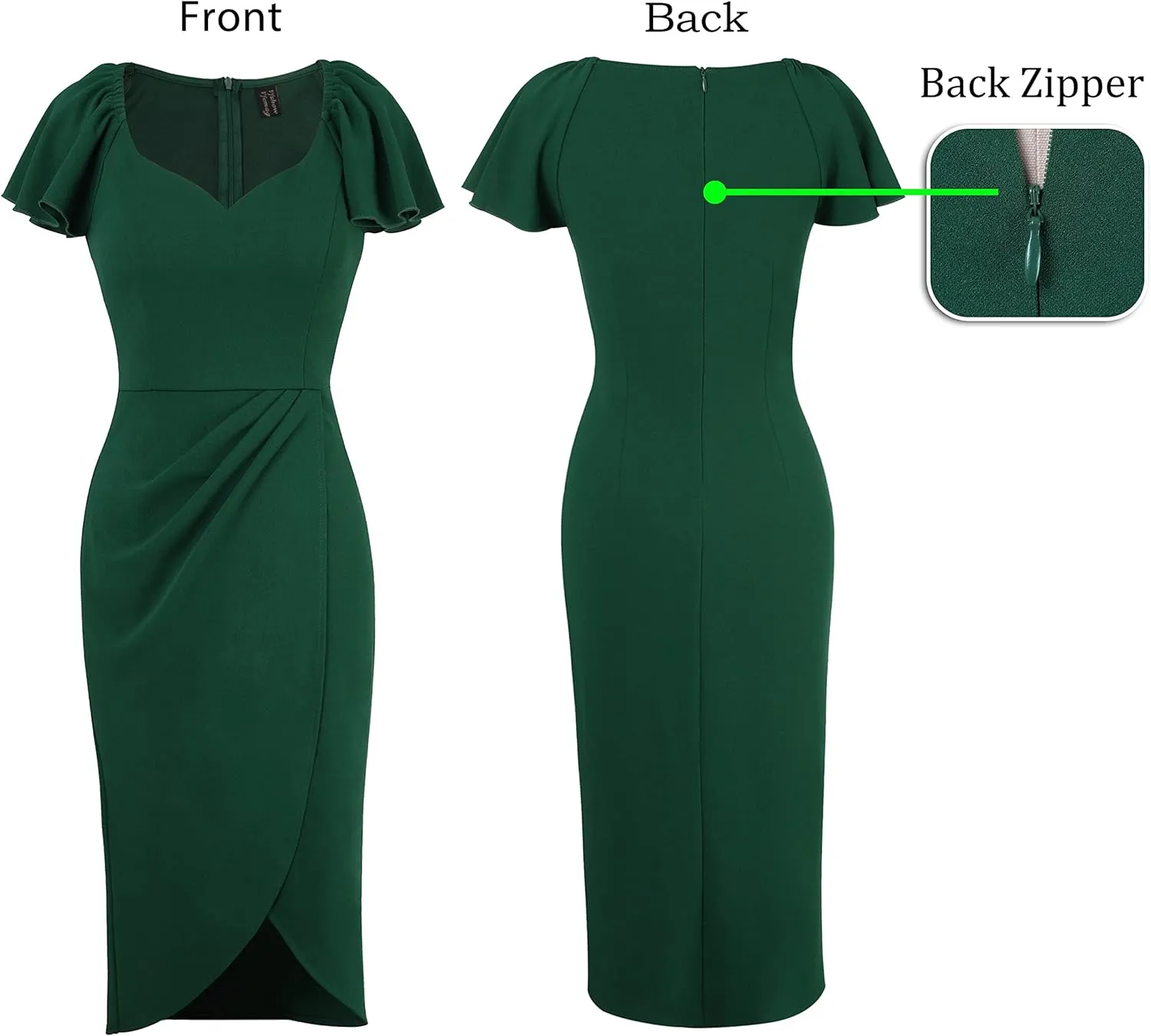 VFSHOW Womens V Neck Cocktail Ruffle Sleeve Wrap Slit Ruched Party Midi Dress Bodycon Work Business Sheath Pencil Dress