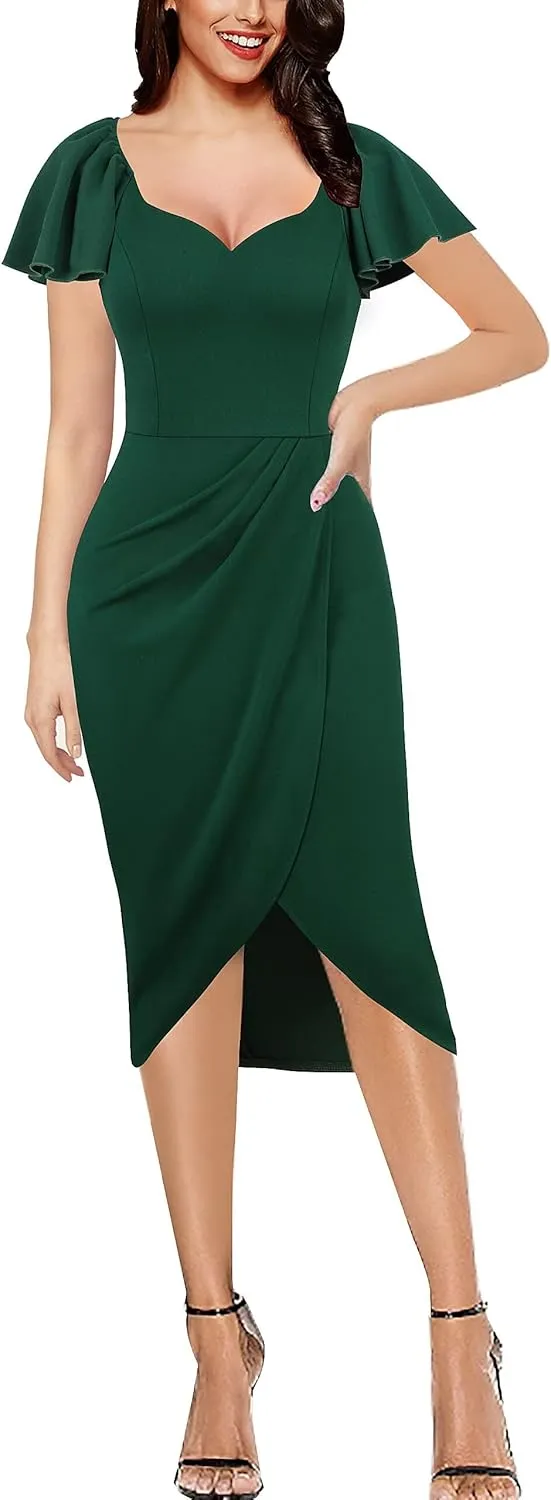 VFSHOW Womens V Neck Cocktail Ruffle Sleeve Wrap Slit Ruched Party Midi Dress Bodycon Work Business Sheath Pencil Dress