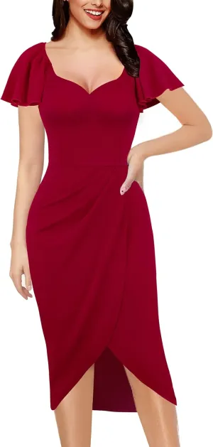 VFSHOW Womens V Neck Cocktail Ruffle Sleeve Wrap Slit Ruched Party Midi Dress Bodycon Work Business Sheath Pencil Dress
