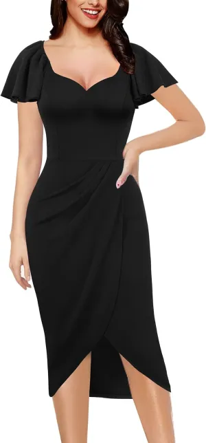 VFSHOW Womens V Neck Cocktail Ruffle Sleeve Wrap Slit Ruched Party Midi Dress Bodycon Work Business Sheath Pencil Dress
