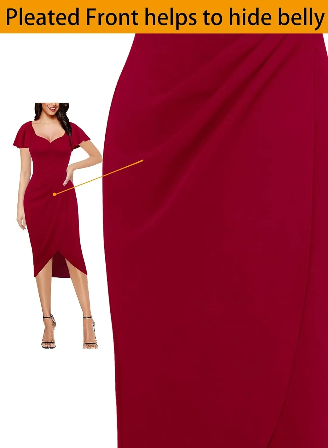 VFSHOW Womens V Neck Cocktail Ruffle Sleeve Wrap Slit Ruched Party Midi Dress Bodycon Work Business Sheath Pencil Dress