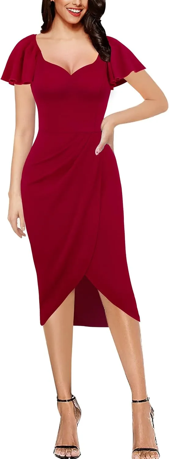 VFSHOW Womens V Neck Cocktail Ruffle Sleeve Wrap Slit Ruched Party Midi Dress Bodycon Work Business Sheath Pencil Dress